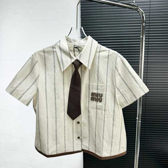 Miu Miu Cream and Brown Striped Short Sleeve Top - Picture 1 of 6